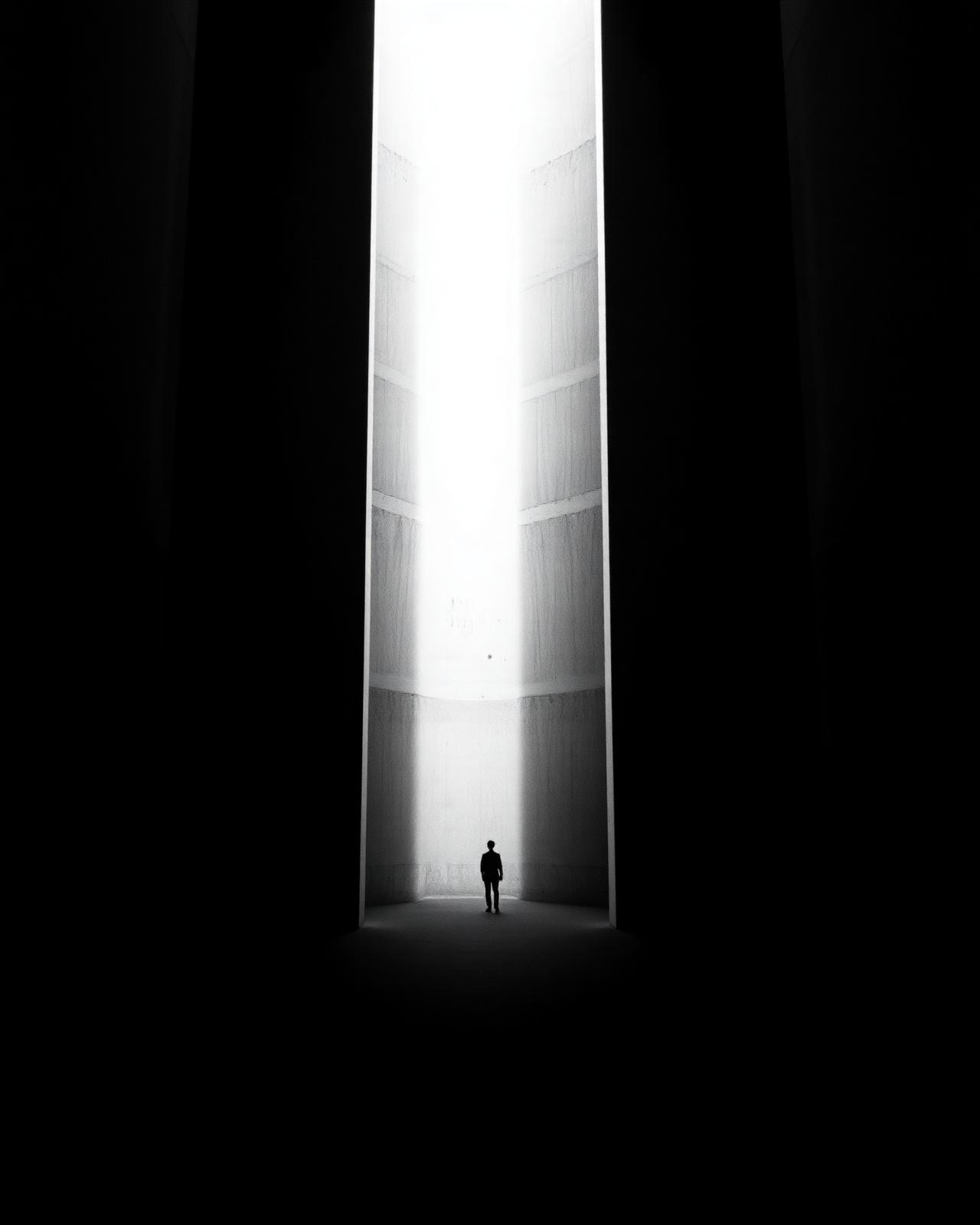 A lone figure in a monumental concrete hall lit by a single blade of light
